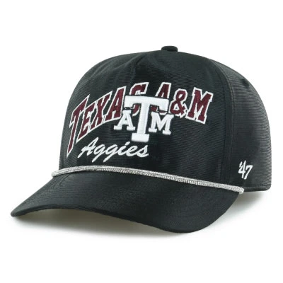 Black ’47 Brand Texas A&M cap featuring layered maroon and white Texas A&M, A&M logo, and Aggies embroidery, white rope detailing, curved bill, and adjustable snapback closure.