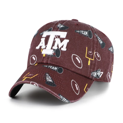 Youth ’47 Brand maroon Texas A&M cap featuring a raised white A&M logo, allover football, goalpost, and megaphone graphics, curved bill, and adjustable black snapback closure.
