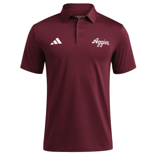 Adidas Texas A&M Aggies maroon polo shirt featuring embroidered Aggies script and Adidas logo on the chest