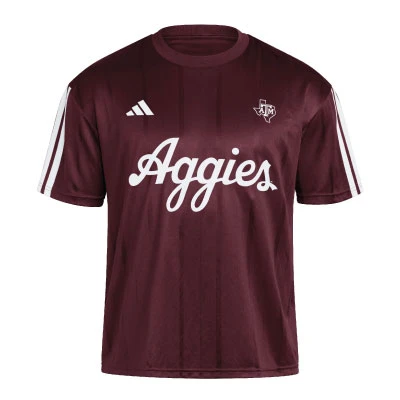adidas maroon Texas A&M Tiro soccer jersey featuring tonal vertical stripes, white shoulder stripes, adidas and Texas-shaped A&M logos, and large white Aggies script across the front.