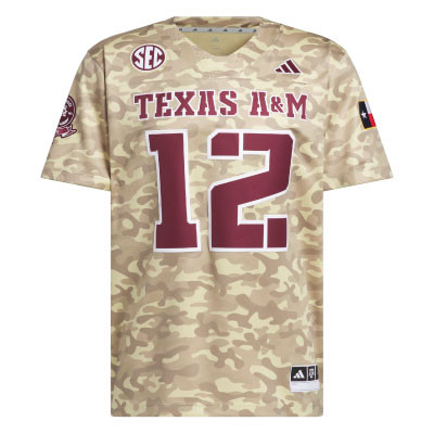 adidas Texas A&M camo football jersey featuring maroon number 12 graphics, Aggies back nameplate, SEC logo, Texas flag sleeve patch, and tan camouflage print for the October 3rd Arkansas game.