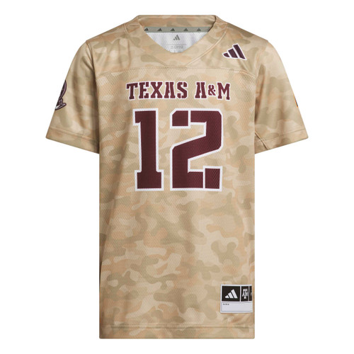 Youth adidas Texas A&M Salute to Service Strategy Jersey featuring tan camo print, maroon Texas A&M and number 12 graphics, Aggies back nameplate, and Texas-inspired sleeve details.