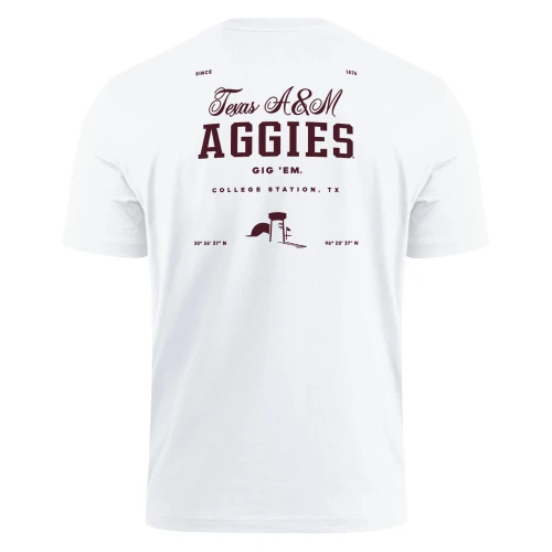 Adidas Texas A&M Aggies white t shirt featuring Texas A&M Aggies graphic with Gig Em text and ATM logo on back