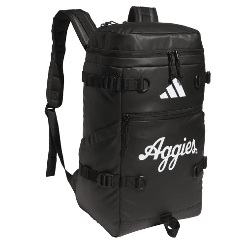 Adidas Texas A&M Aggies black backpack featuring white Adidas logo and script Aggies text with multiple compartments and straps