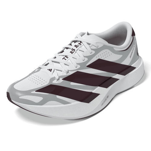 Adidas Texas A&M Aggies white and maroon athletic shoes featuring maroon Adidas stripes and cushioned sole design
