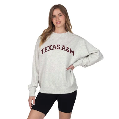 Heather grey Chicka-d mock neck sweatshirt featuring arched maroon "TEXAS A&M" lettering across the chest, long sleeves, ribbed cuffs, and a relaxed fit for classic Aggie style.