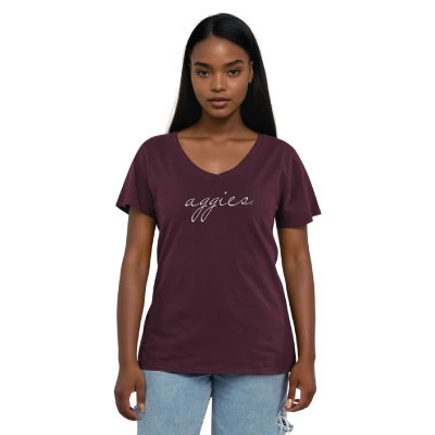 Maroon Chicka-d V-neck tee featuring script "aggies" lettering across the chest, short sleeves, a relaxed fit, and a soft casual design for everyday Aggie style.