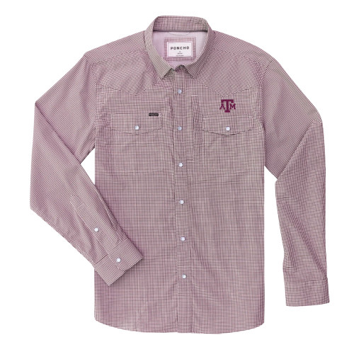 Poncho Texas A&M Aggies maroon plaid button down shirt featuring embroidered ATM logo on chest pocket