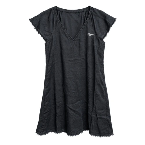 Tommy Bahama Texas A&M women's black linen dress featuring a relaxed silhouette, V-neckline, gathered shoulder detailing, short flutter sleeves with frayed edges, frayed hemline, and small white embroidered Aggies script on the chest.