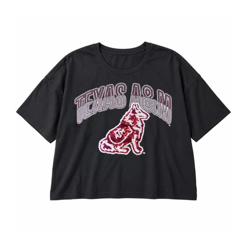 Washed black Gameday Social Texas A&M tee featuring outlined Texas A&M lettering and a maroon and white Reveille mascot graphic made of shimmering sequins across the front.
