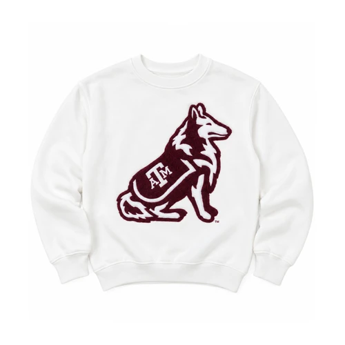 White Gameday Social youth Texas A&M crewneck sweatshirt featuring a large maroon and white Reveille mascot graphic with an A&M logo, long sleeves, ribbed cuffs, and a matching ribbed waistband.