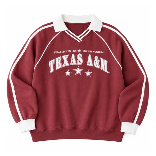 Maroon Gameday Social Texas A&M sweatshirt featuring white Texas A&M graphics, stars, polo collar, striped V-neckline, white piping, contrast sleeve stripes, white cuffs, and a relaxed fit.