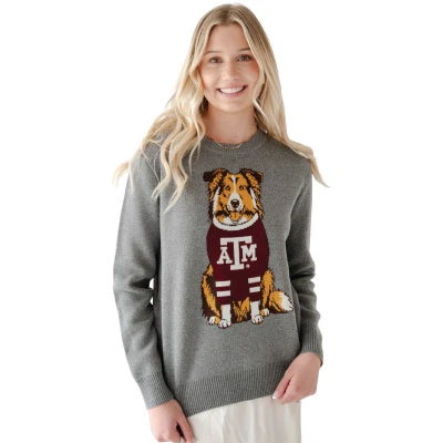 Gameday Social heather gray Texas A&M sweater featuring a large knit-style Reveille mascot graphic wearing a maroon A&M sweater, with a crew neckline, long sleeves, and ribbed trim.