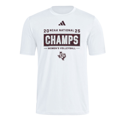 adidas Texas A&M Aggies 2025 NCAA National Champions women’s volleyball white t shirt with bold CHAMPS graphic and ATM logo.
