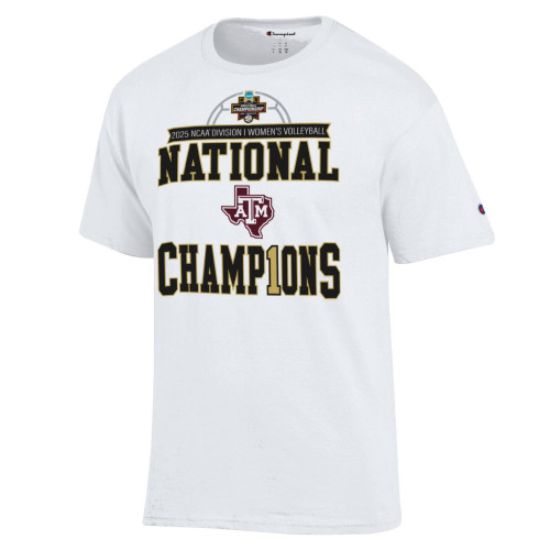 Texas A&M Aggies Volleyball National Champions white t shirt with bold National Champions graphic and ATM logo on the front.