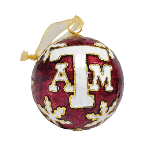 Kitty Keller Texas A&M Aggies maroon snowflake ornament with white ATM logo and gold ribbon hanger.