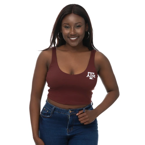 ZooZatz maroon Texas A&M crop tank featuring a fitted silhouette, scoop neckline, wide shoulder straps, cropped hem, and a small white A&M logo printed on the left chest.