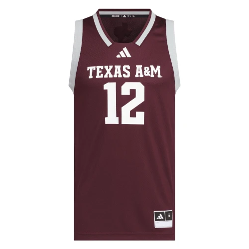 Texas A&M Aggies Adidas maroon basketball jersey with white number 12 and Texas A&M lettering