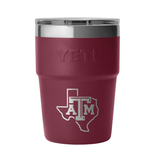 YETI Texas A&M 16 oz stackable cup in maroon with ATM logo over Texas state outline, stainless steel insulated Aggies tumbler.