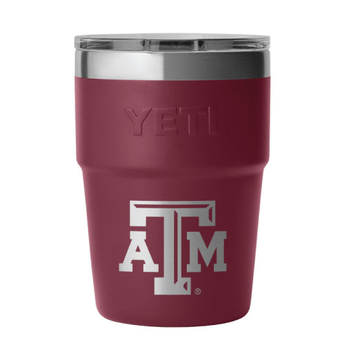 YETI Texas A&M 16 oz stackable cup in maroon with silver ATM logo, stainless steel insulated Aggies drinkware.