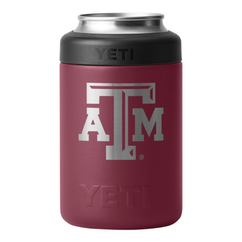YETI Texas A&M 12 oz can colster in maroon with silver ATM logo, insulated Aggies stainless steel can holder.