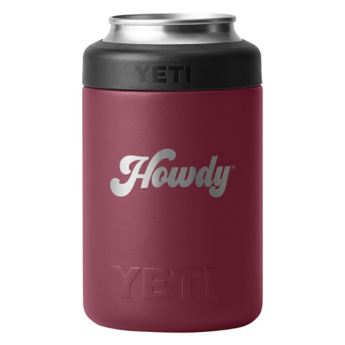 YETI Texas A&M 12 oz can colster in maroon with silver Howdy script, insulated Aggies stainless steel beverage holder.