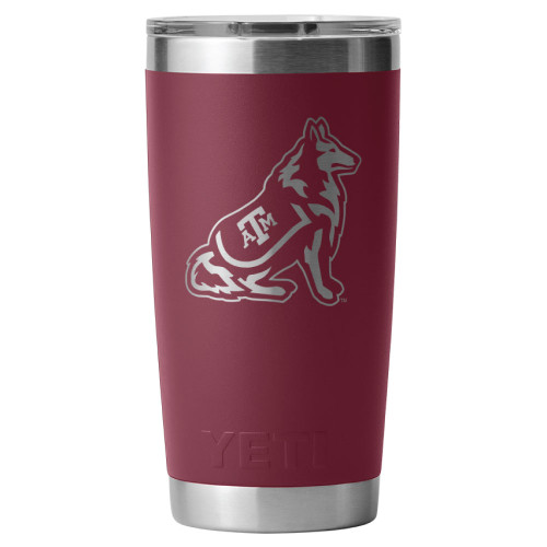 YETI Texas A&M 20 oz tumbler in maroon with silver Reveille mascot graphic, insulated stainless steel Aggies drinkware.