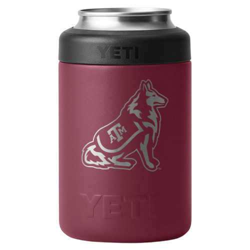 YETI Texas A&M 12 oz can colster in maroon with silver Reveille mascot graphic, insulated stainless steel Aggies beverage holder.