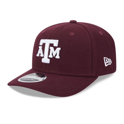 New Era Texas A&M maroon curved bill hat with raised white ATM logo and side New Era flag, Aggies collegiate baseball cap.