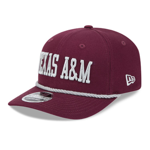 New Era Texas A&M maroon stretch snap hat with Texas A&M lettering across front and rope detail on brim, Aggies flat bill cap.