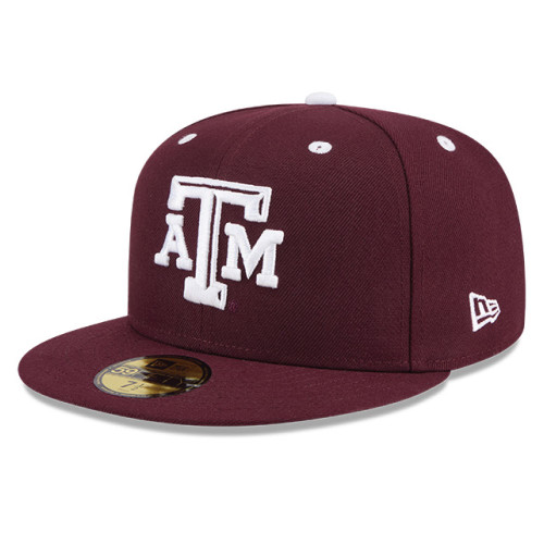 New Era Texas A&M maroon fitted hat with raised white ATM logo and flat bill, Aggies structured collegiate baseball cap.