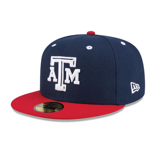 New Era Texas A&M navy and red fitted hat with raised white ATM logo and flat red brim, Aggies structured baseball cap.