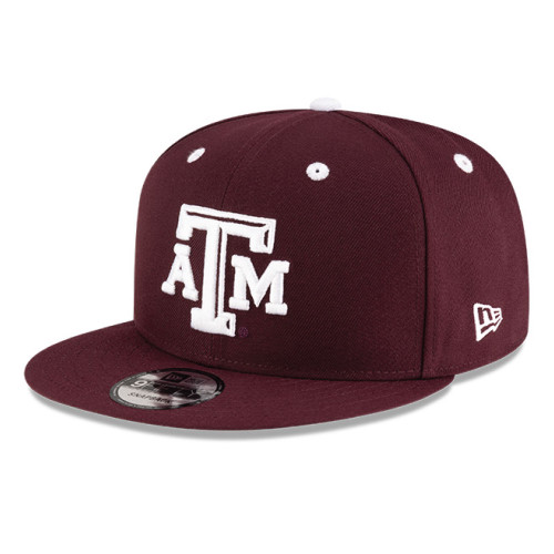 New Era Texas A&M maroon snapback hat with raised white ATM logo, flat bill Aggies structured baseball cap.