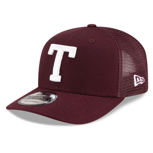 New Era Texas A&M maroon trucker cap with white T logo on front and mesh back, Aggies adjustable snapback style hat.