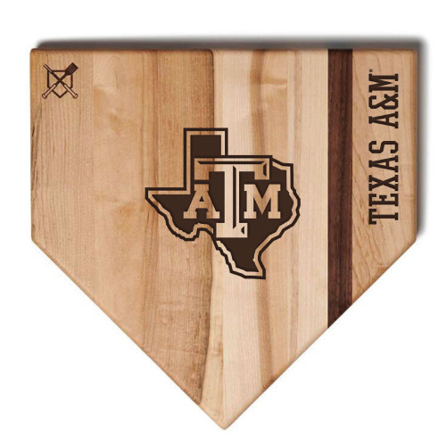 Texas A&M Aggies wooden home plate shaped cutting board featuring an engraved ATM logo over the state of Texas design with Texas A&M branding, perfect for tailgates, baseball watch parties, and kitchen display.