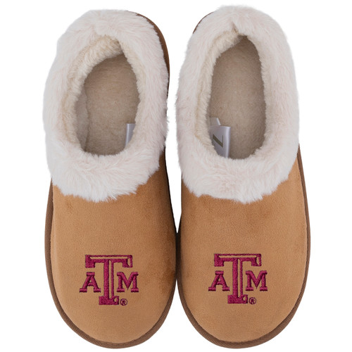 ZooZatz Texas A&M faux suede slippers in tan featuring embroidered maroon A&M logos, plush cream faux fur trim and lining, rounded toes, and brown soles for a cozy Aggie-inspired look.