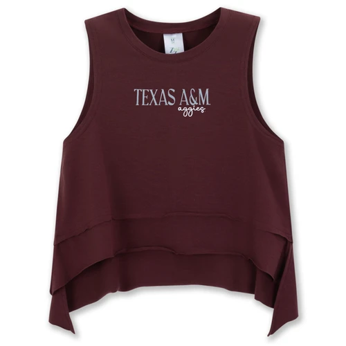 ZooZatz youth maroon Texas A&M flowy tank featuring white Texas A&M Aggies lettering, a sleeveless crew neckline, relaxed silhouette, and layered high-low hem with pointed sides.