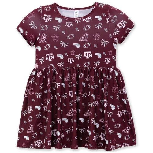 ZooZatz toddler maroon Texas A&M dress featuring an allover print of A&M logos, footballs, whistles, bows, hearts, Reveille, and Gig ’Em hand signs with a gathered skirt.
