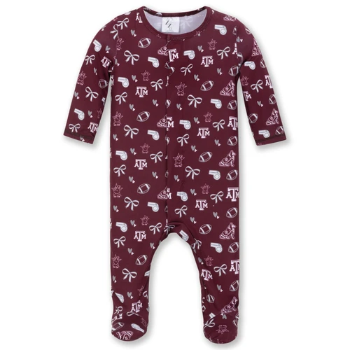 ZooZatz infant maroon Texas A&M footie featuring an allover print with A&M logos, footballs, whistles, bows, hearts, Reveille, and Gig ’Em hand signs, plus long sleeves and enclosed feet.