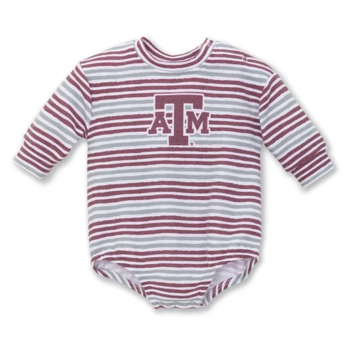 ZooZatz infant long sleeve onesie featuring maroon, gray, and white horizontal stripes, a large maroon Texas A&M logo on the chest, round neckline, shoulder snaps, and bottom snap closures.