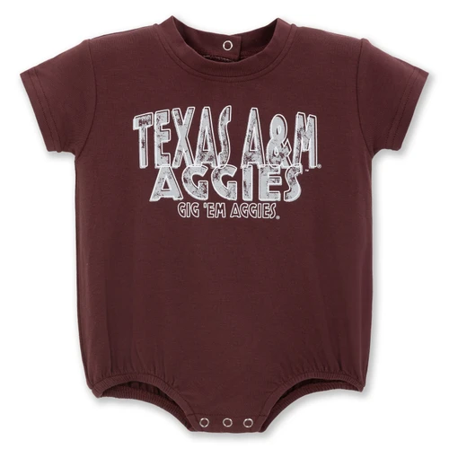 ZooZatz infant maroon bubble romper featuring distressed white Texas A&M Aggies and Gig ’Em Aggies graphics, short sleeves, a crew neckline, gathered leg openings, and convenient bottom snap closures.