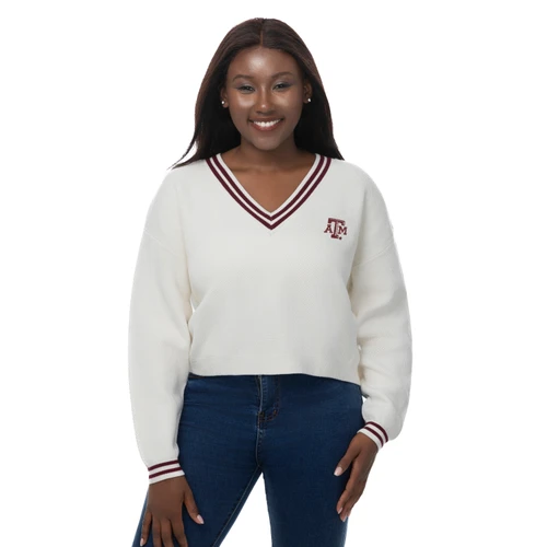 ZooZatz Texas A&M cream textured sweater with long sleeves, maroon and white striped V-neckline and cuffs, relaxed cropped fit, and a maroon A&M logo displayed on the left chest.