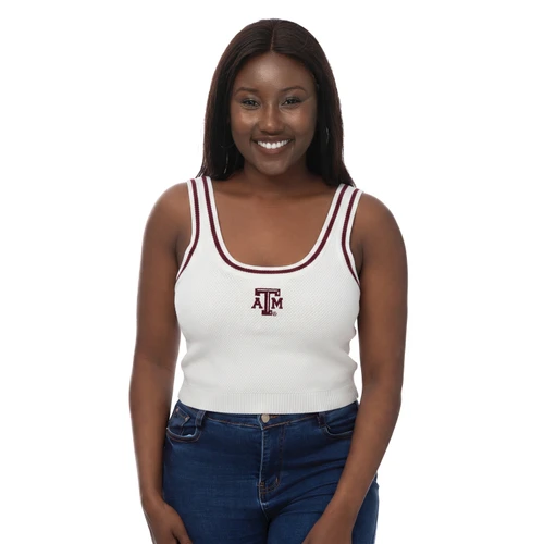 ZooZatz Texas A&M cream knit tank featuring a fitted silhouette, scoop neckline, maroon and white striped trim, wide shoulder straps, ribbed hem, and maroon embroidered A&M logo centered on the chest.