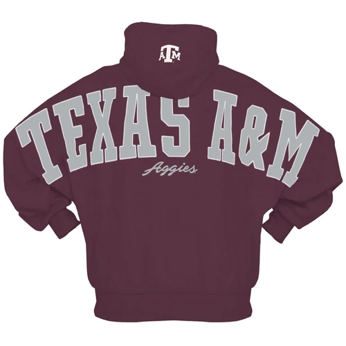 Maroon Pressbox Texas A&M hoodie featuring a white A&M logo on the front and oversized grey Texas A&M lettering with script Aggies across the back, plus a drawstring hood.