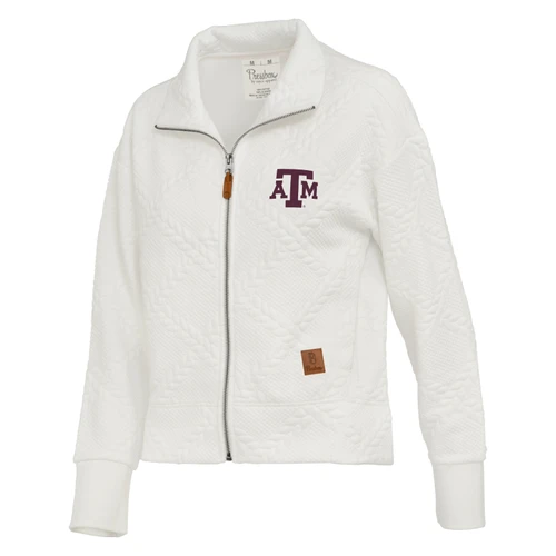 Cream Pressbox Texas A&M full-zip jacket featuring an allover quilted texture, maroon A&M logo at the chest, stand collar, front pockets, extended cuffs, and a leather-look zipper pull.