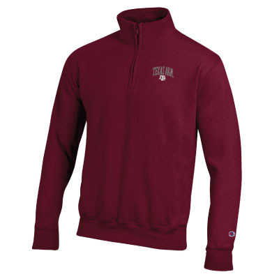 Maroon Champion quarter-zip pullover featuring embroidered Texas A&M lettering and logo on the left chest, long sleeves, ribbed cuffs, and a stand-up collar for classic Aggie style.