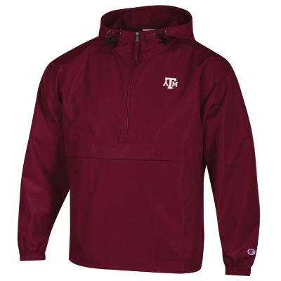 Champion maroon Texas A&M hooded quarter-zip jacket featuring a white A&M chest logo, adjustable hood, elastic cuffs, and Texas A&M Established 1876 Aggies lettering across the back.