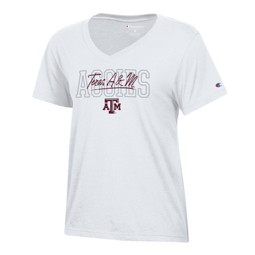 Champion Texas A&M Aggies white v neck t shirt featuring layered Aggies and Texas A&M script with logo on the front