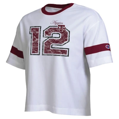 Champion white Texas A&M T-shirt featuring an oversized distressed maroon number 12 graphic, A&M and Aggies details, maroon crew neckline, and matching contrast stripes around the sleeves.