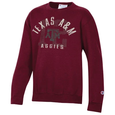 Champion youth maroon Texas A&M crewneck sweatshirt featuring distressed Texas A&M lettering, a centered A&M logo and Aggies graphic, long sleeves, crew neckline, and ribbed trim.